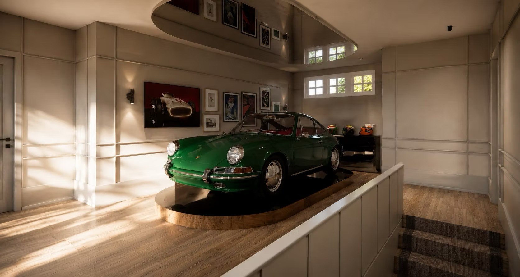 Groene klassieke auto in een zorgvuldig ingericht interieur