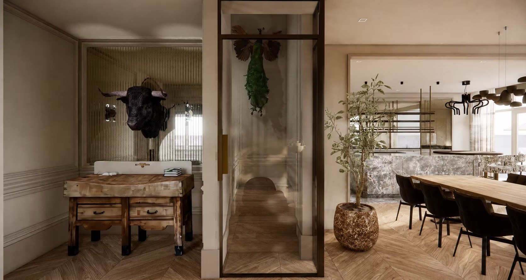 Warm interieur met houten vloer, glazen deur en een grote eettafel