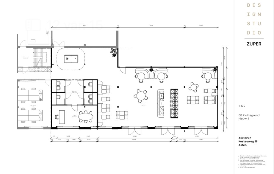 Interieurplattegrond met werkplekken en ontmoetingsruimtes
